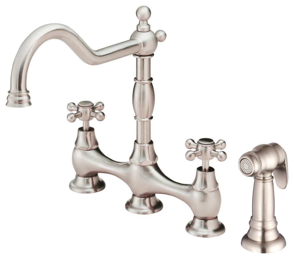 Opulence Two Handle Bridge Kitchen Faucet w/ Sidespray Chrome, Stainless Steel