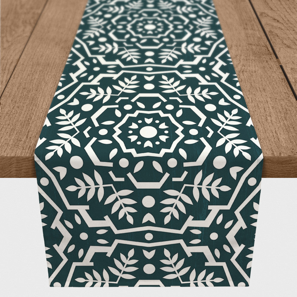 Folk Floral Teal 16x90 Cotton Twill Runner