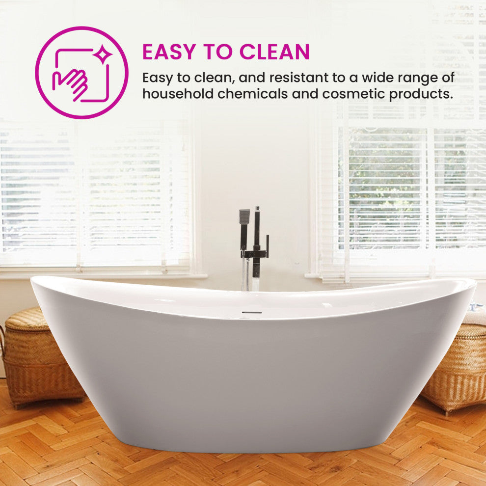 Vanity Art 71" x 33" Acrylic Freestanding Soaking Bathtub, White/Integrated Overflow