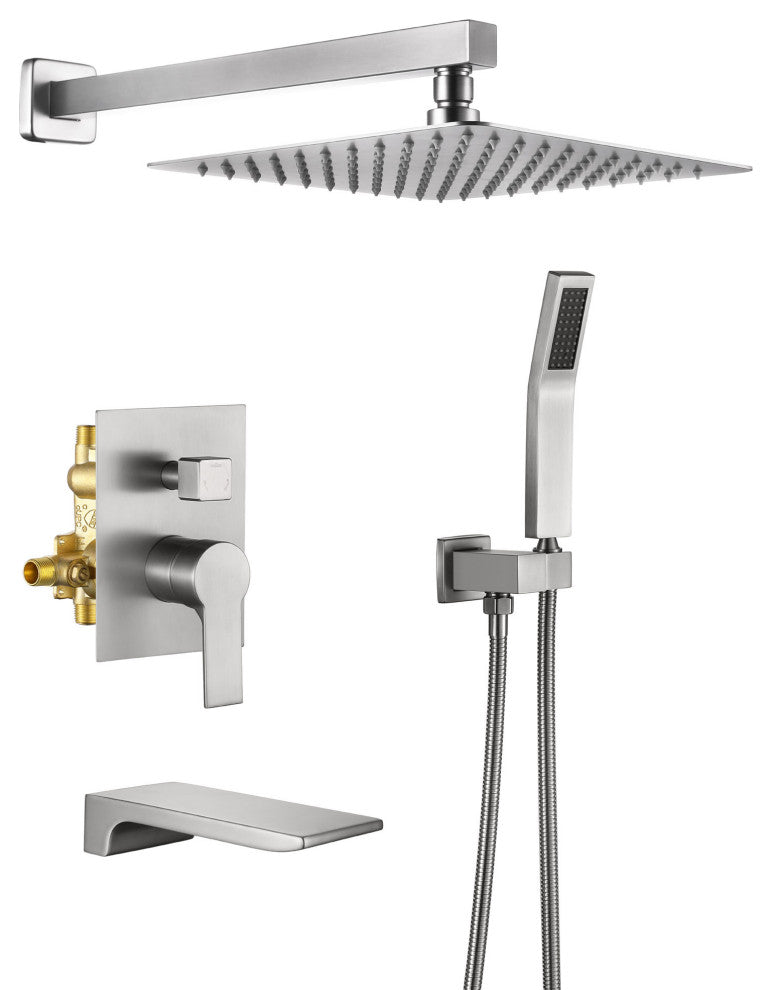 Wellfor Rain Shower Faucet, 10" Waterfall Shower Head With Handheld Combo Set, Brushed Nickel