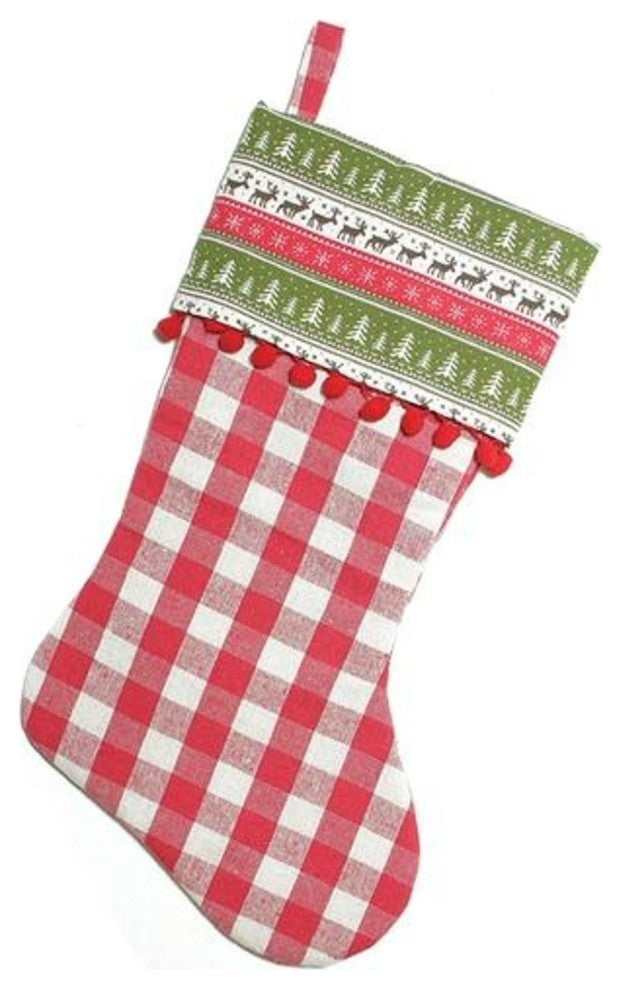 19" Plaid Christmas Stocking With Red Pom-Poms and Lodge Cuff
