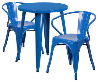 Commercial Grade 24" Round Blue Metal Indoor-Outdoor Table Set with 2 Arm Chairs