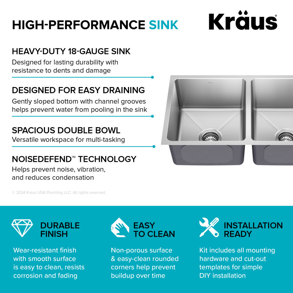 KRAUS Fairlane 33" Undermount 2-Bowl 18 Gauge Stainless Steel Kitchen Sink