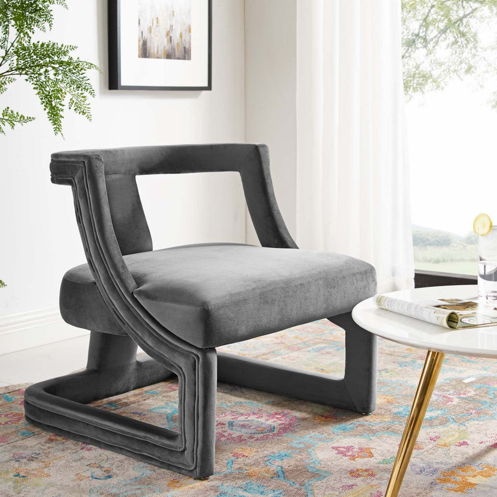 Modern Lounge Accent Side Chair Armchair, Velvet Fabric Wood, Grey Gray