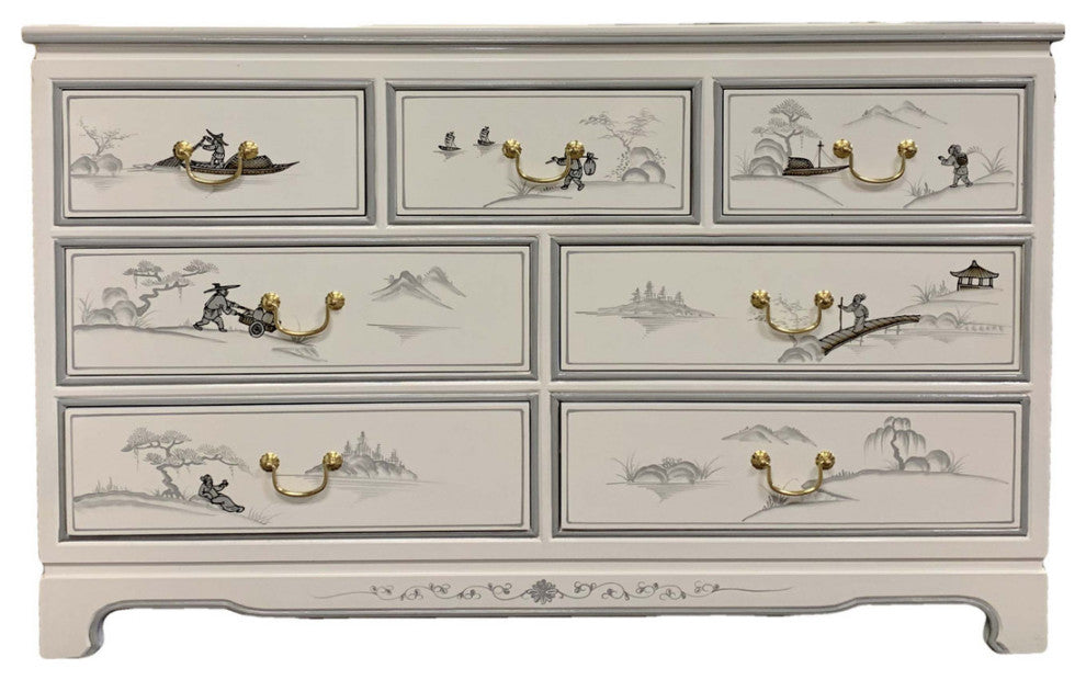 White Oriental Dresser With Hand Painted Mountain Scenery 48" W