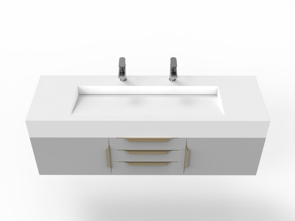 CastelloUSA Nile 60" Wall Mounted Vanity Set, Gray, White Top, Gold Handles