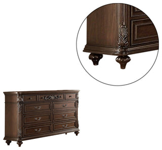 Nine Drawers Wooden Dresser With Molded Details, Brown