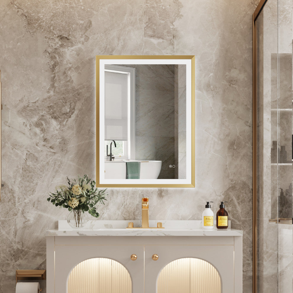 Beveled Bathroom LED Mirror Framed, Backlit and Front Light, Gold, 24"x32"