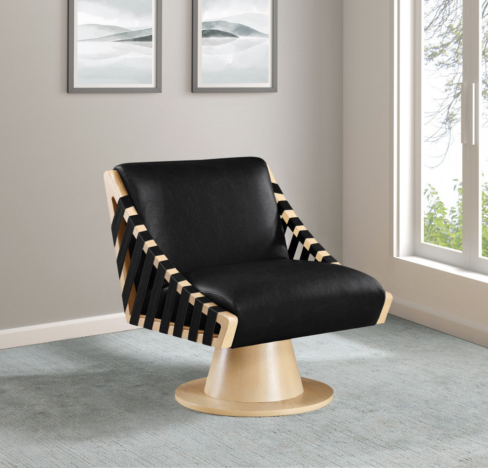 Millwin Upholstered Swivel Accent Chair, Black, Vegan Leather, Natural Finish