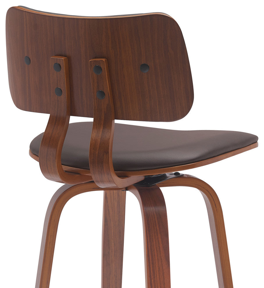 Pico 26" Swivel Walnut Wood Counter Stool, Brown Faux Leather With Chrome, 30