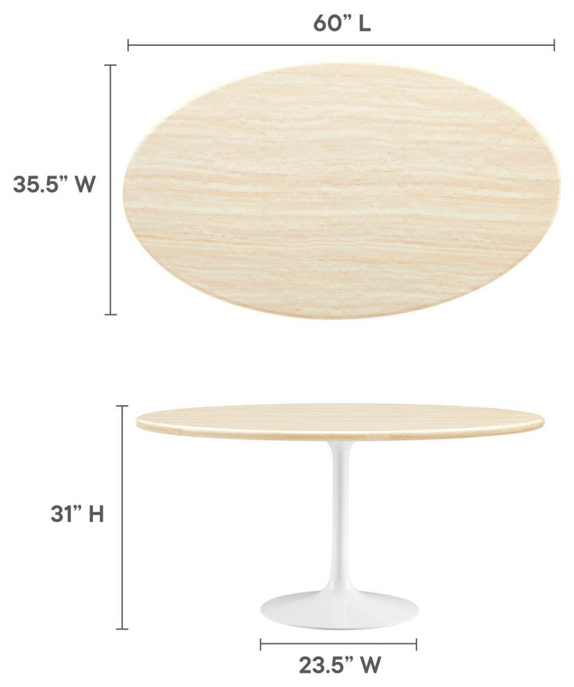 Lippa 60" Oval Artificial Travertine Dining Table, White Traventine