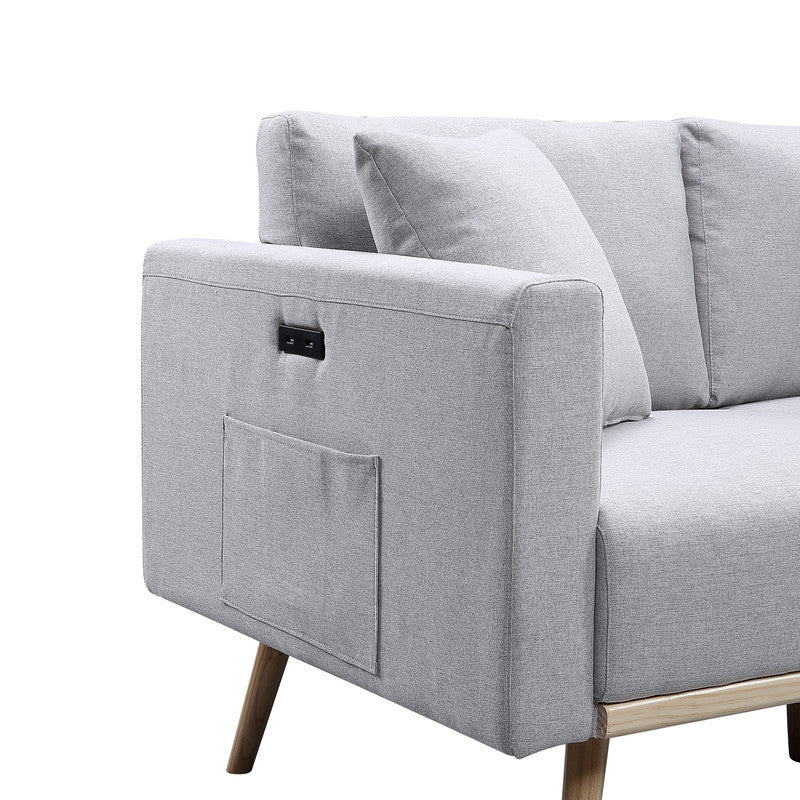 Easton Light Gray Linen Sofa Loveseat Chair, USB Charging Ports Pockets, Pillows