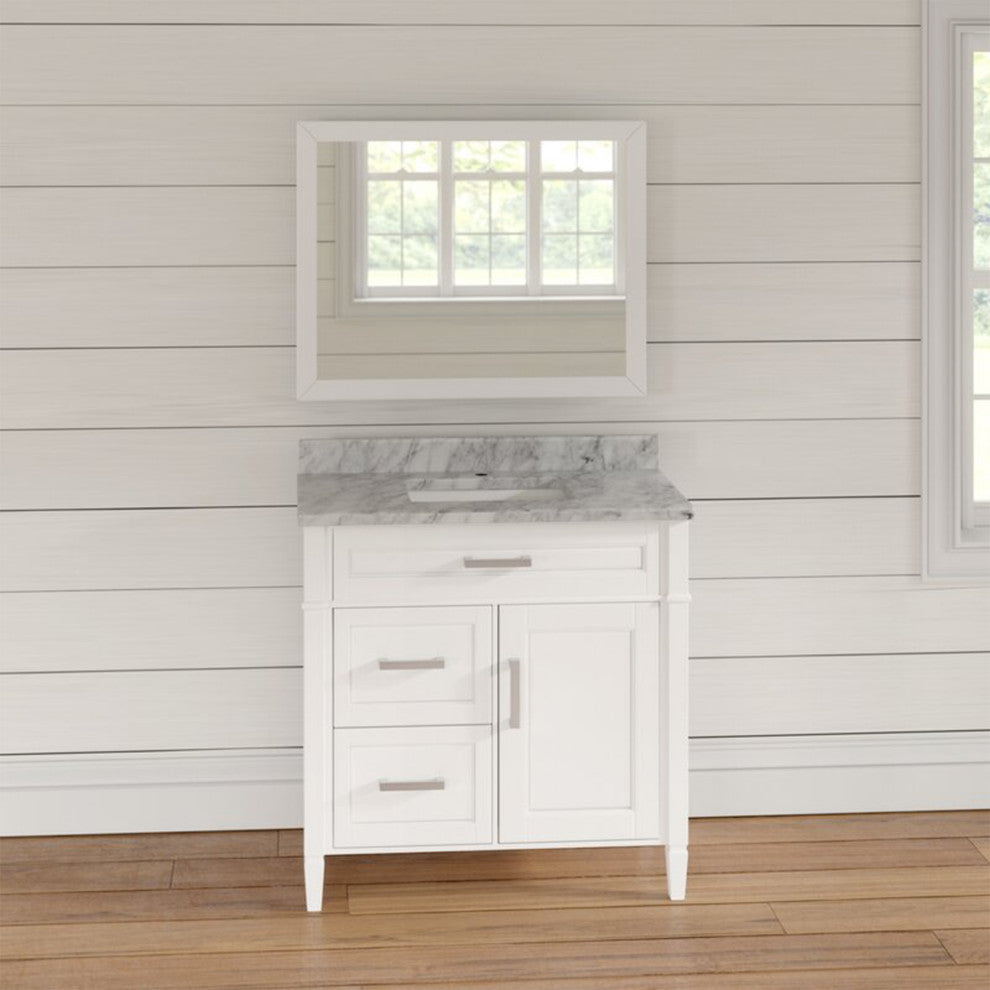 Vanity Set With Carrara Marble Top, 36", White, Standard Mirror