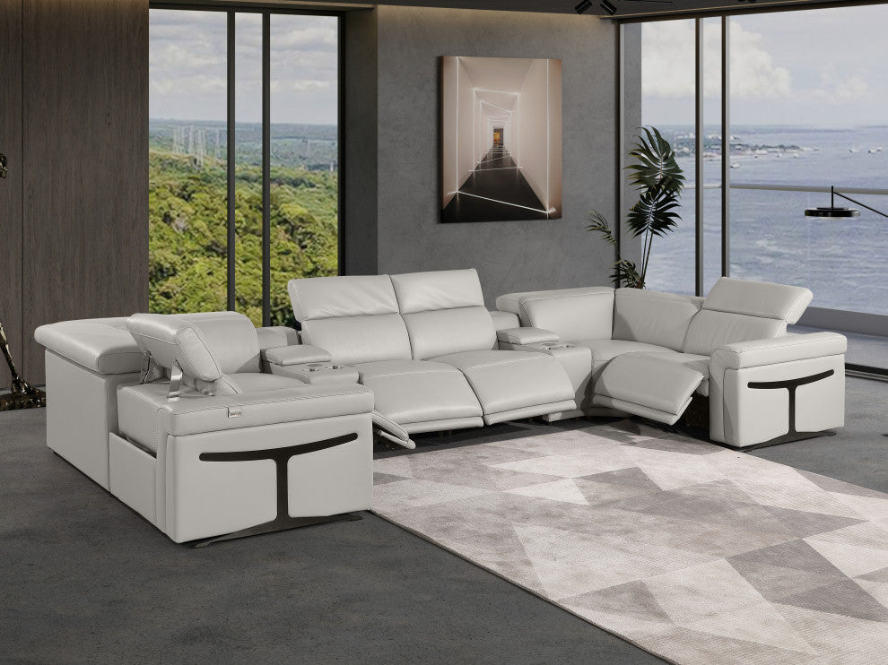 GIOVANNI 8-Piece, 4-Power Reclining Italian Leather Sectional, Light Gray