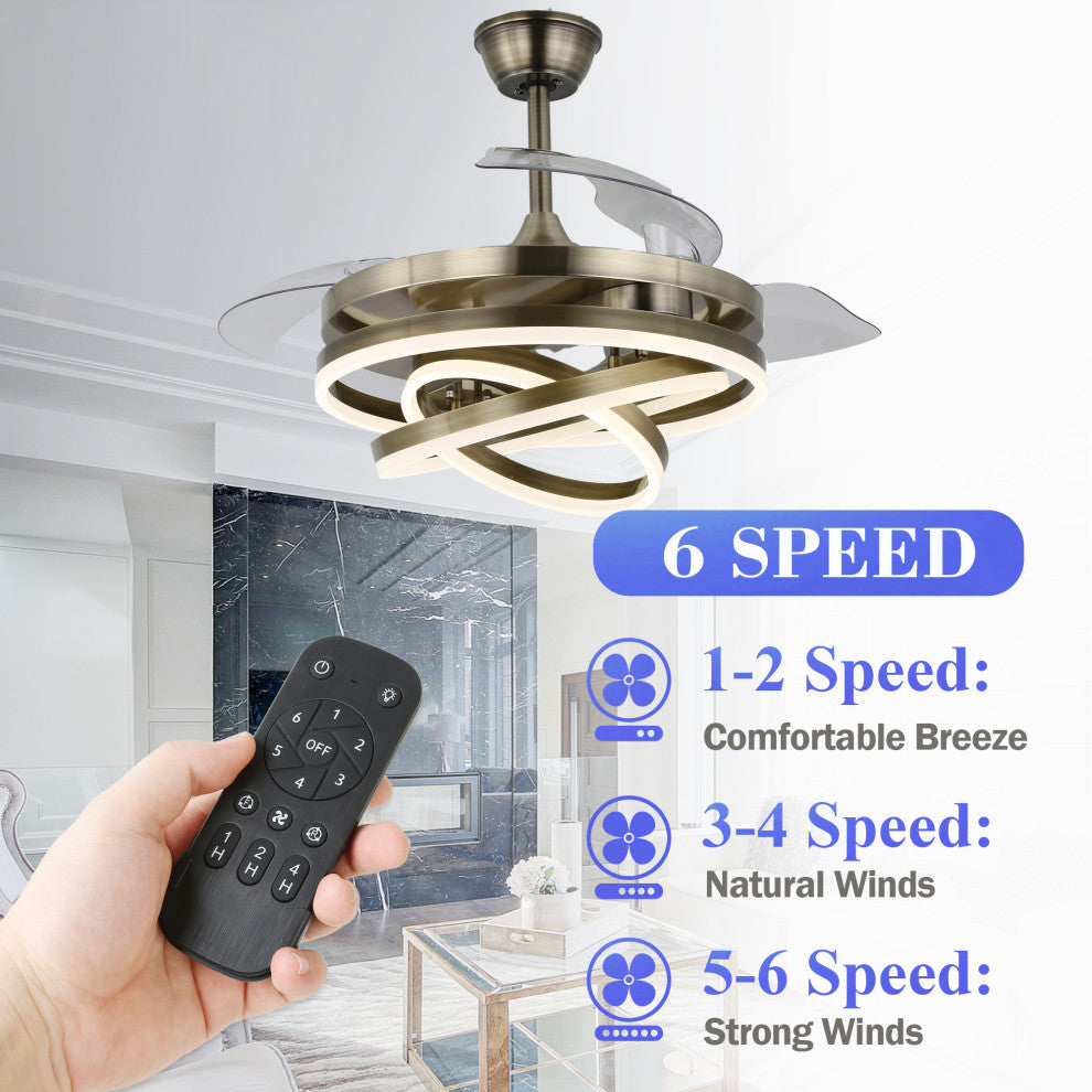 45W Modern Retractable Ceiling Fan Reversible 6-Speed with Remote Control, Bronze, 42