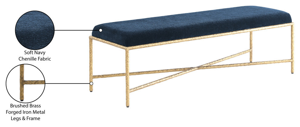 Valley Upholstered Bench, Navy, 54" W x 18" D, Gold, Chenille Fabric