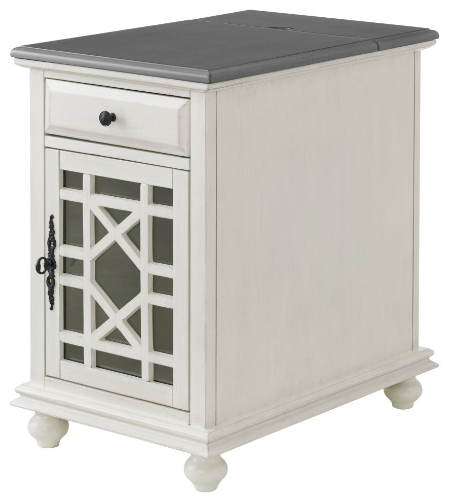 Elegant Chairside Table with Charging Station, White With Grey Top
