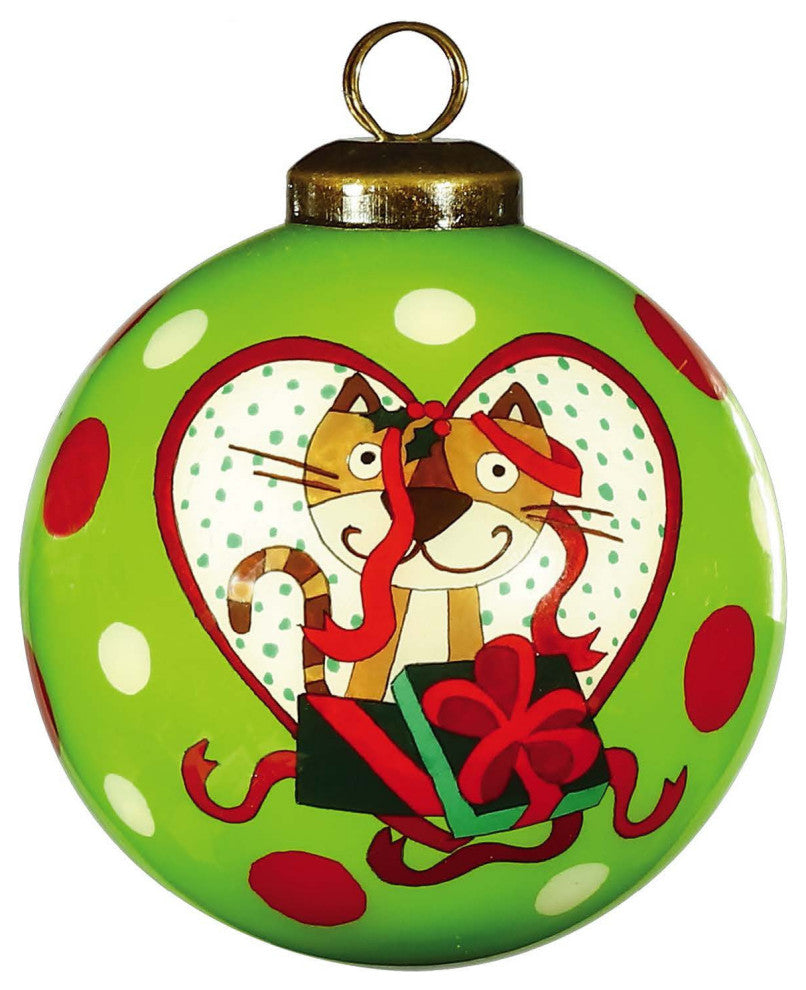 Charming Cat in a Heart Hand Painted Mouth Blown Glass Ornament