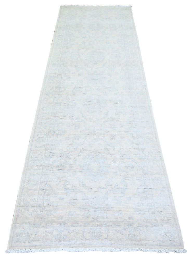 Feather White White Wash Peshawar Wool Hand Knotted Runner Rug, 2'11"x9'4"