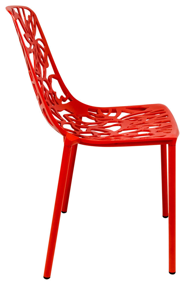 LeisureMod Devon Modern Outdoor Stackable Aluminum Dining Chair, Set of 4, Red