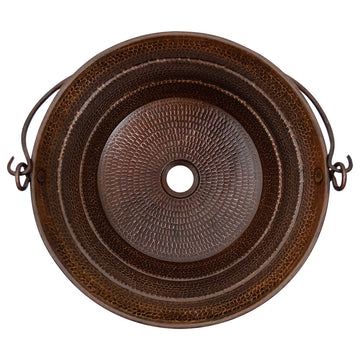 16" Round Bucket Vessel Hammered Copper Sink With Handles