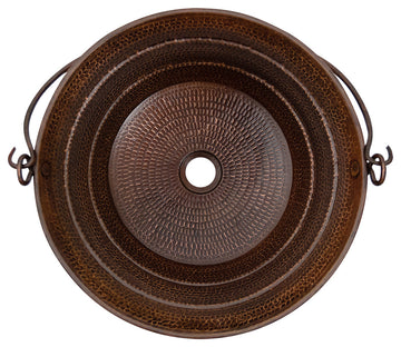 16" Round Bucket Vessel Hammered Copper Sink With Handles