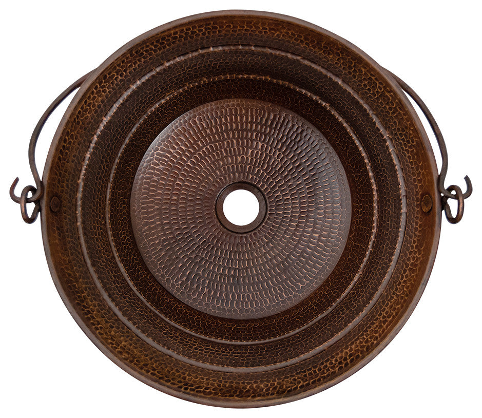 16" Round Bucket Vessel Hammered Copper Sink With Handles