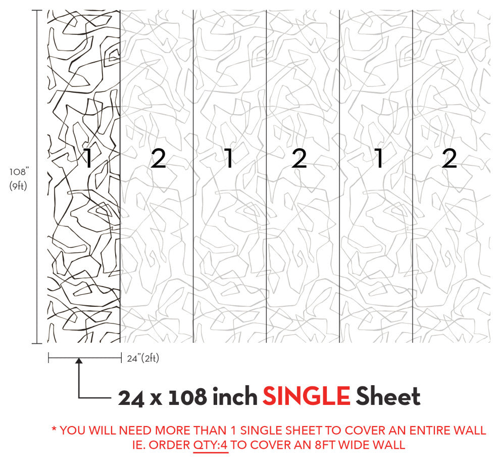 Entangled Lines Abstract Vinyl Peel and Stick Mural, Black, 24"x108", Single
