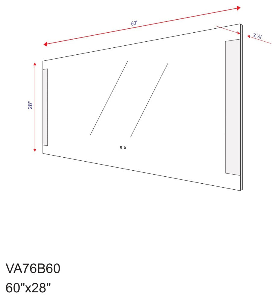 Frameless Rectangle LED Lighted Bath Vanity Mirror, 60" X 28"