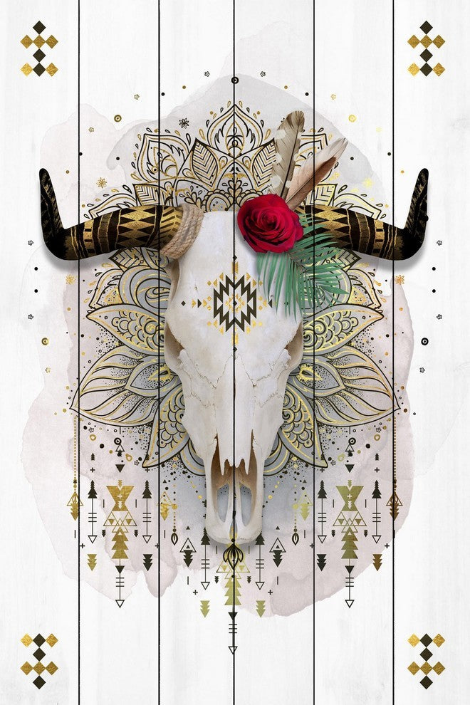 "Red Rose Skull" Painting Print on White Wood, 30"x45"