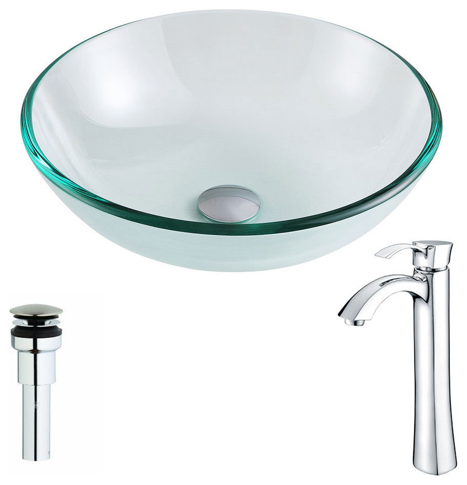 Etude Deco-Glass Vessel Sink, Lustrous Clear Finish, Harmony Faucet, Chrome