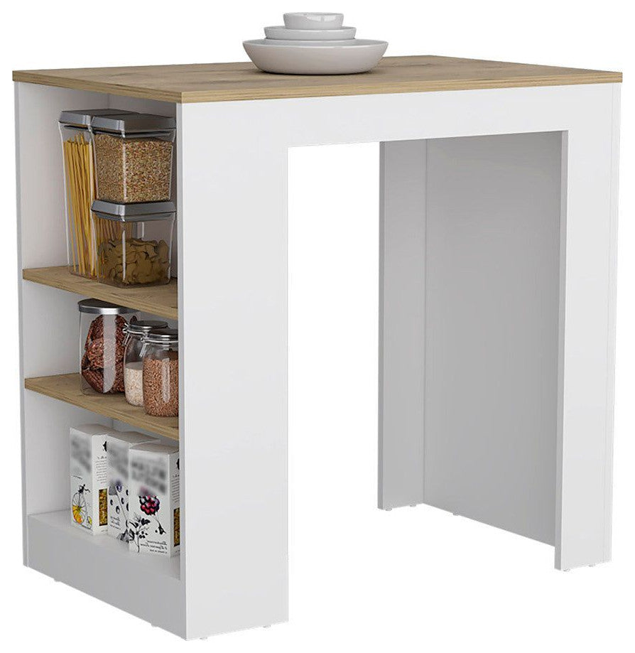 Harlan Kitchen Island With 3 Side Shelves, White/Macadamia