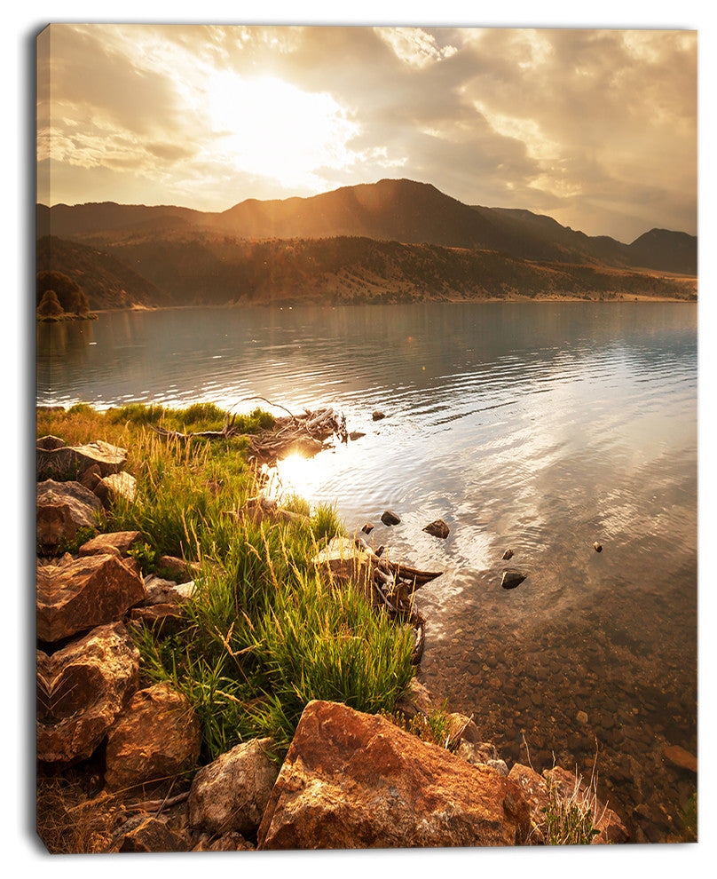 Beautiful Lake with Rocky Shore, Oversized Landscape Canvas Art, 12"x20"