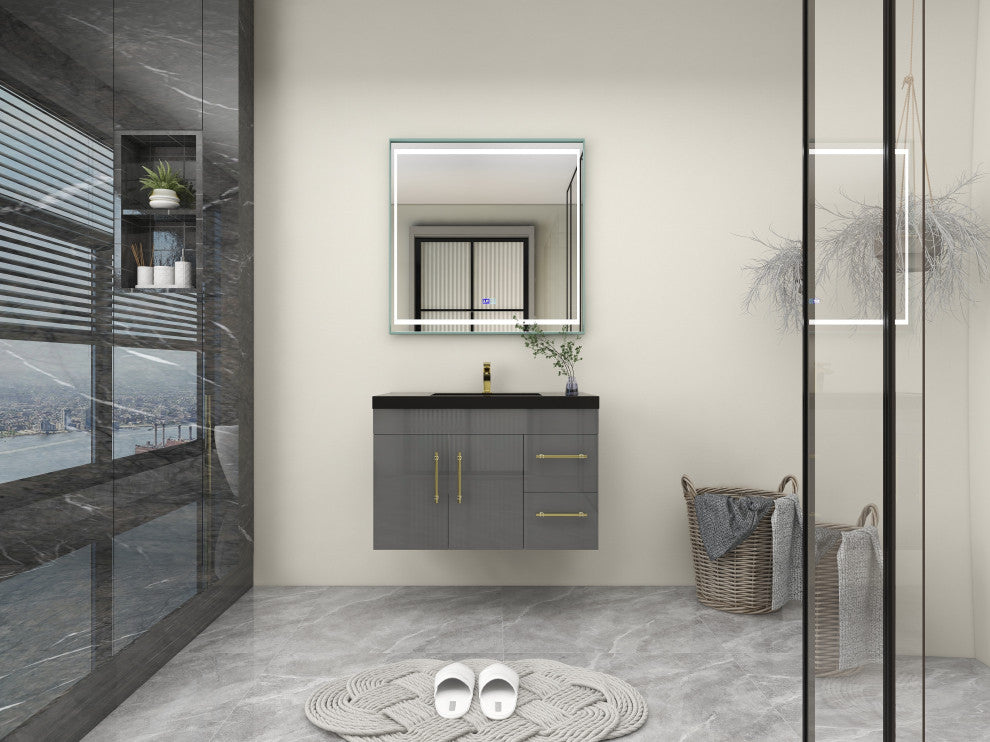 Rosa 36" Wall Mounted Modern Vanity, High Gloss Gray, Matt Black Top