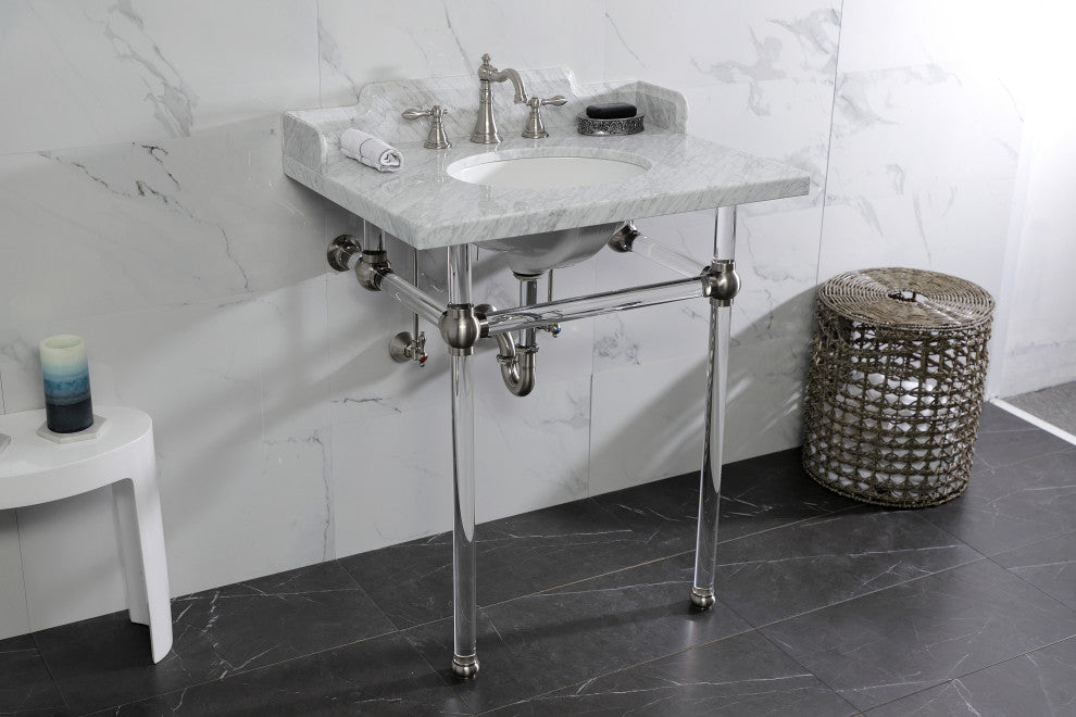 Kingston Brass LMS30MA8 30" Carrara Marble Console Sink, Acrylic Legs