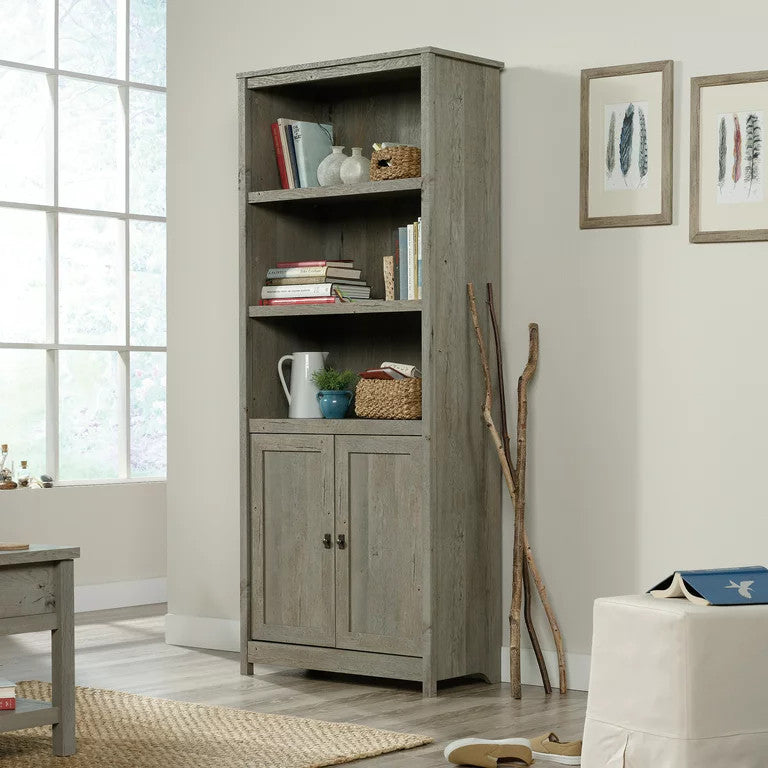 Cottage Bookcase, 3 Open Shelves & Cabinet Doors With Framed Accent, Mystic Oak