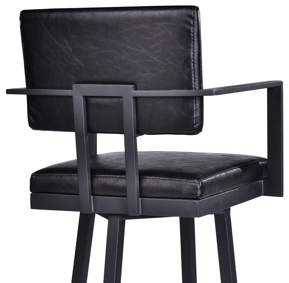 Modern Bar Stool, Swiveling Design With Vintage Black Faux Leather Seat & Back