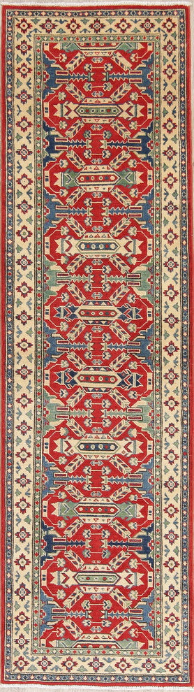 Traditional Hand Made Pakistani Kazak Oriental Wool Runner Rug, Red, 9'2"X2'7"