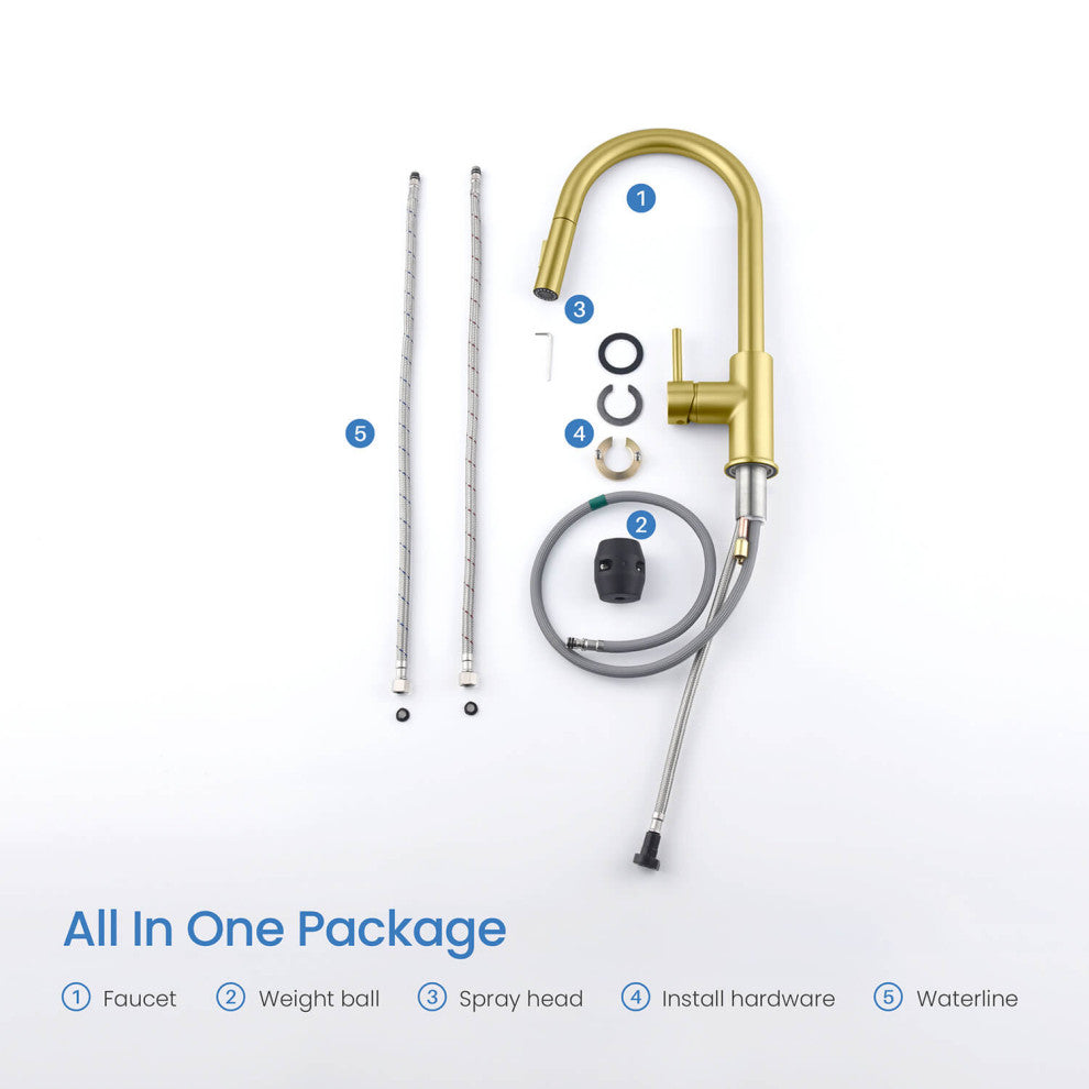 Circular Single Handle Pull Down Kitchen Faucet, Brushed Gold
