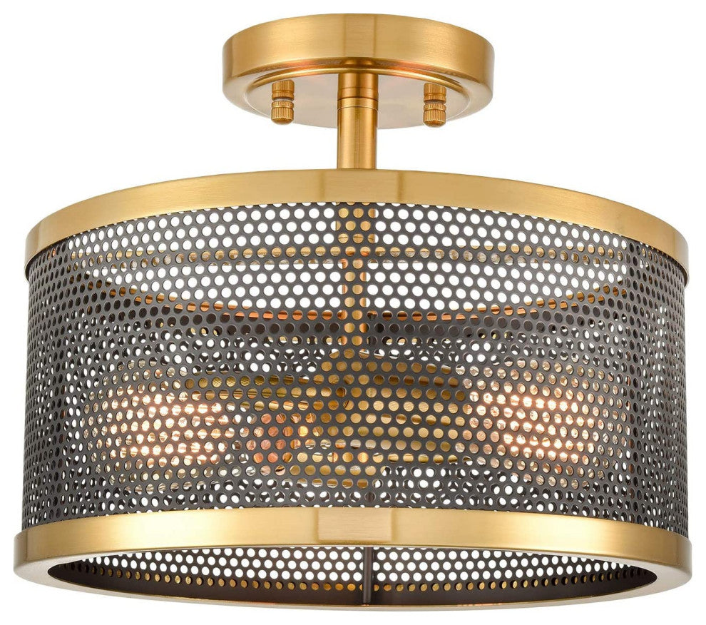 2 Light Gold Flush Mount Ceiling Light, Mesh Brass