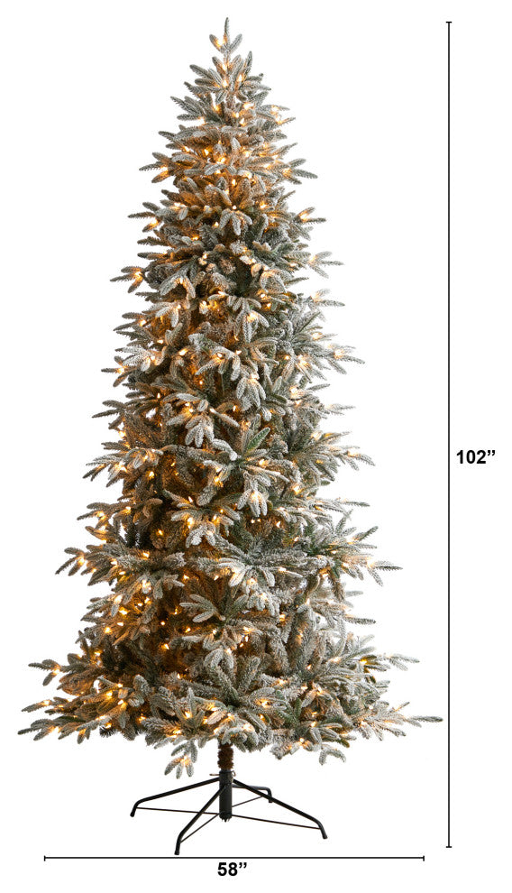 8.5' Flocked Manchester Spruce Faux Xmas Tree W/ 550 Lights & Bendable Branches