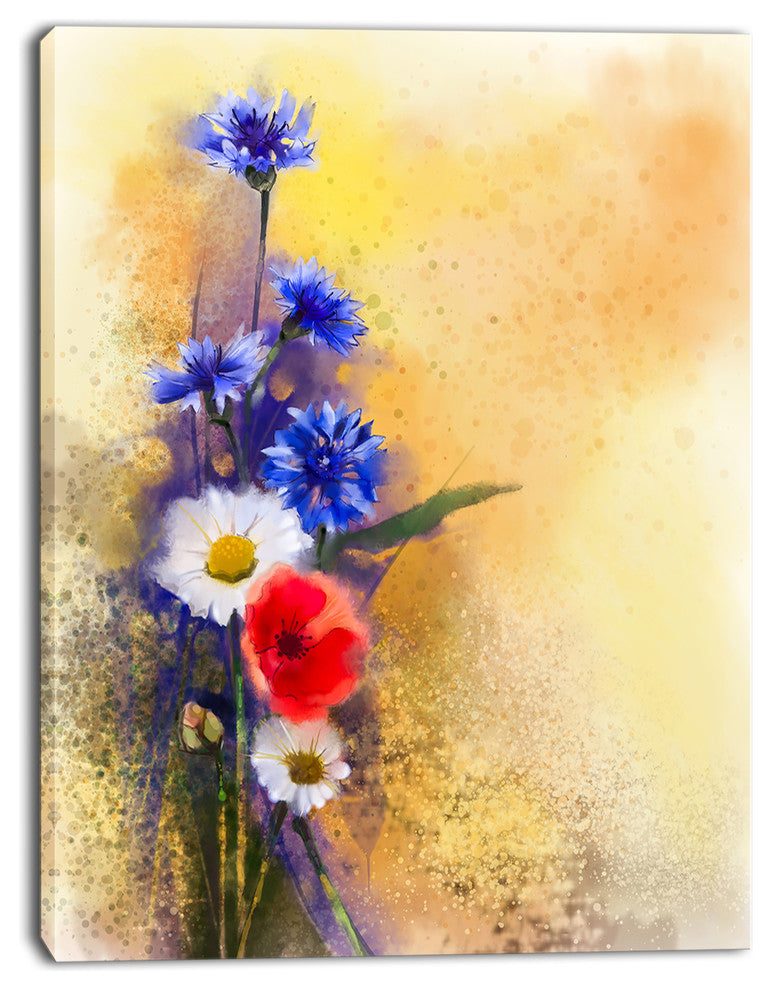 Bouquet of Poppy Cornflower and Daisy, Large Floral Canvas Artwork, 12"x20"