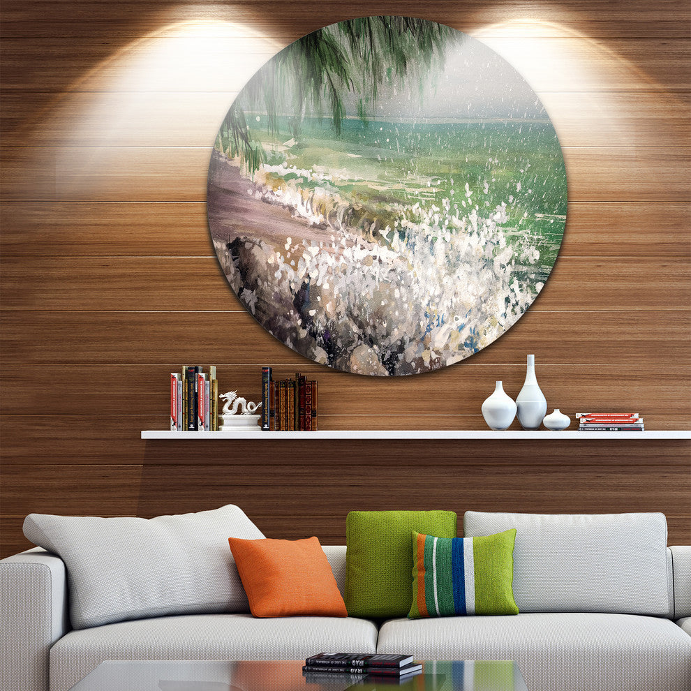 Rocky Seashore With White Waves, Seashore Round Metal Wall Art, 36"
