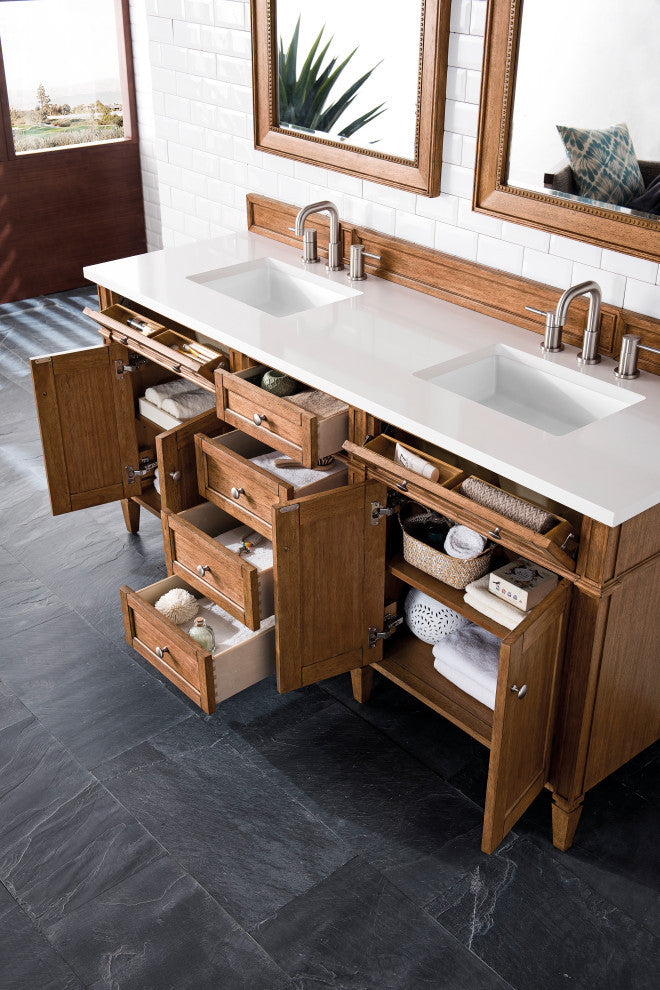 Brittany 72" Saddle Brown Double Vanity,  White Zeus Quartz Top