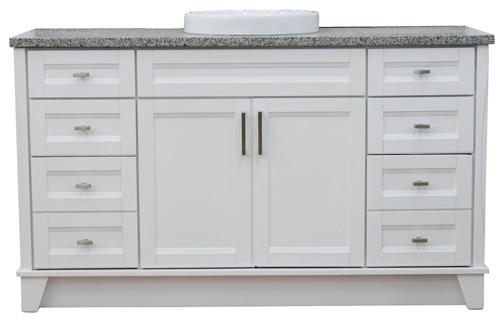 61" Single Sink Vanity, White Finish And Gray Granite And Round Sink