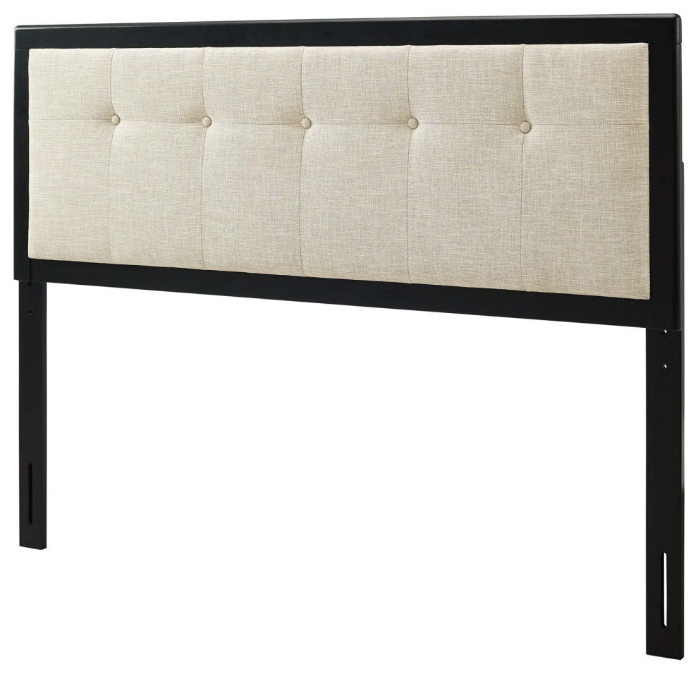 Tufted Headboard, Full Size, Wood, Fabric, Black Beige, Modern Mid-Century