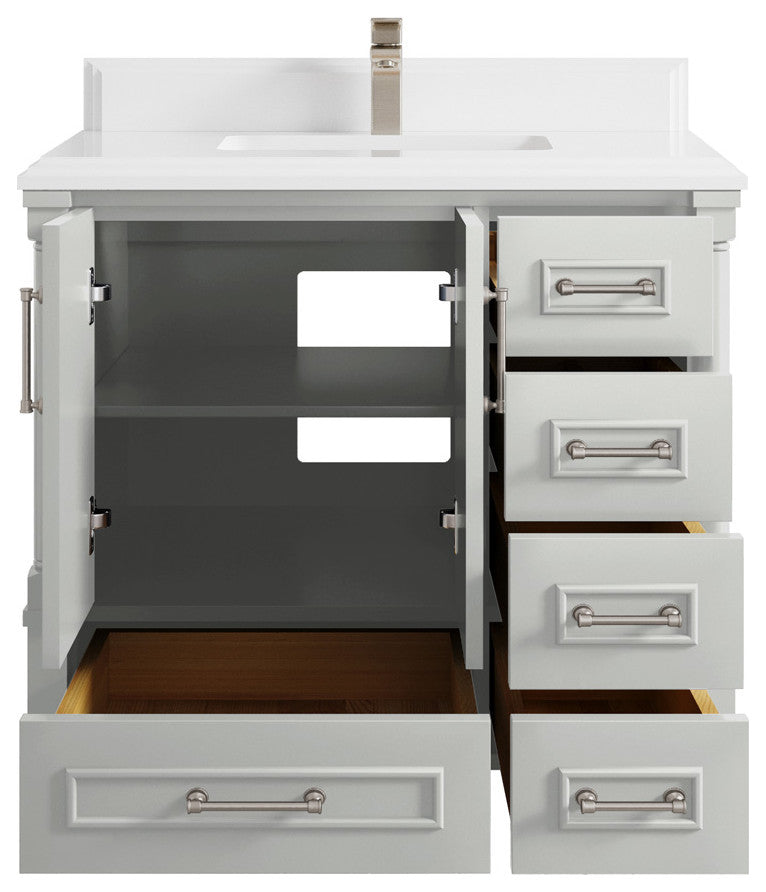 Aberdeen 36 Center Sink Bath Vanity in Coventry Gray 1.5" White Quartz