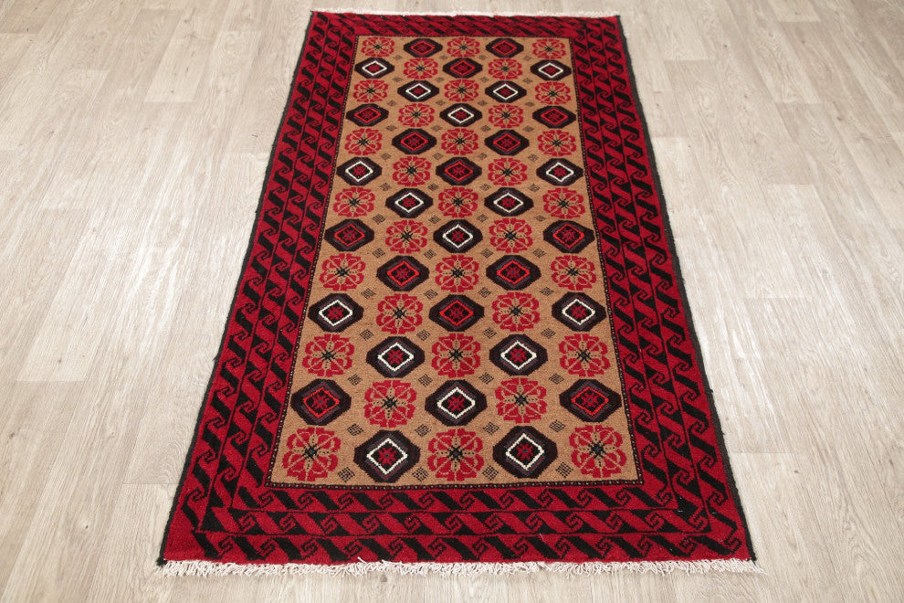 Balouch Oriental Traditional Afghan Hand-Knotted Area Rug, Brown, 6'3"x3'5"