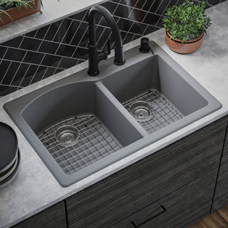 Karran Drop-In Quartz 33" 1-Hole 60/40 Double Bowl Sink Kit, Grey