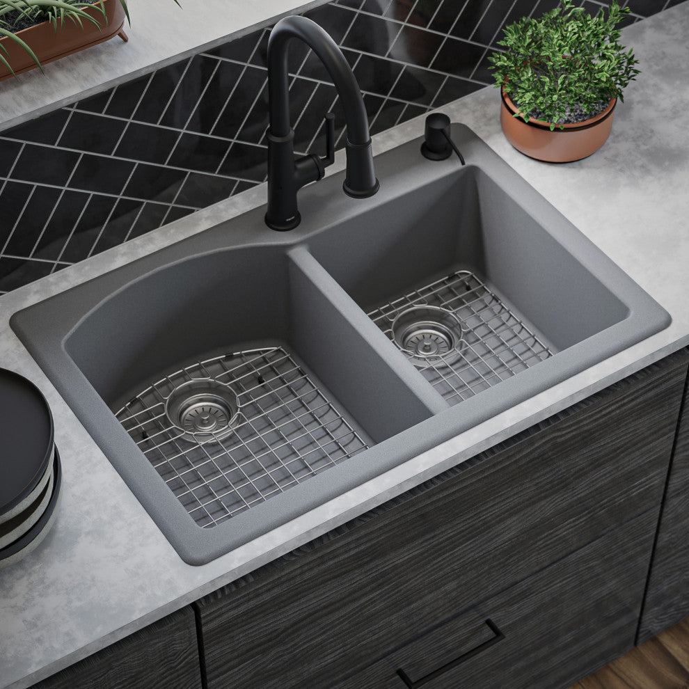 Karran Drop-In Quartz 33" 1-Hole 60/40 Double Bowl Sink Kit, Grey